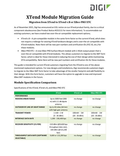 XTend (Legacy) to XTend vB/XBee/XBee-PRO XTC Product Migration Guide (For customers using part numbers starting in XTP9B-DP)